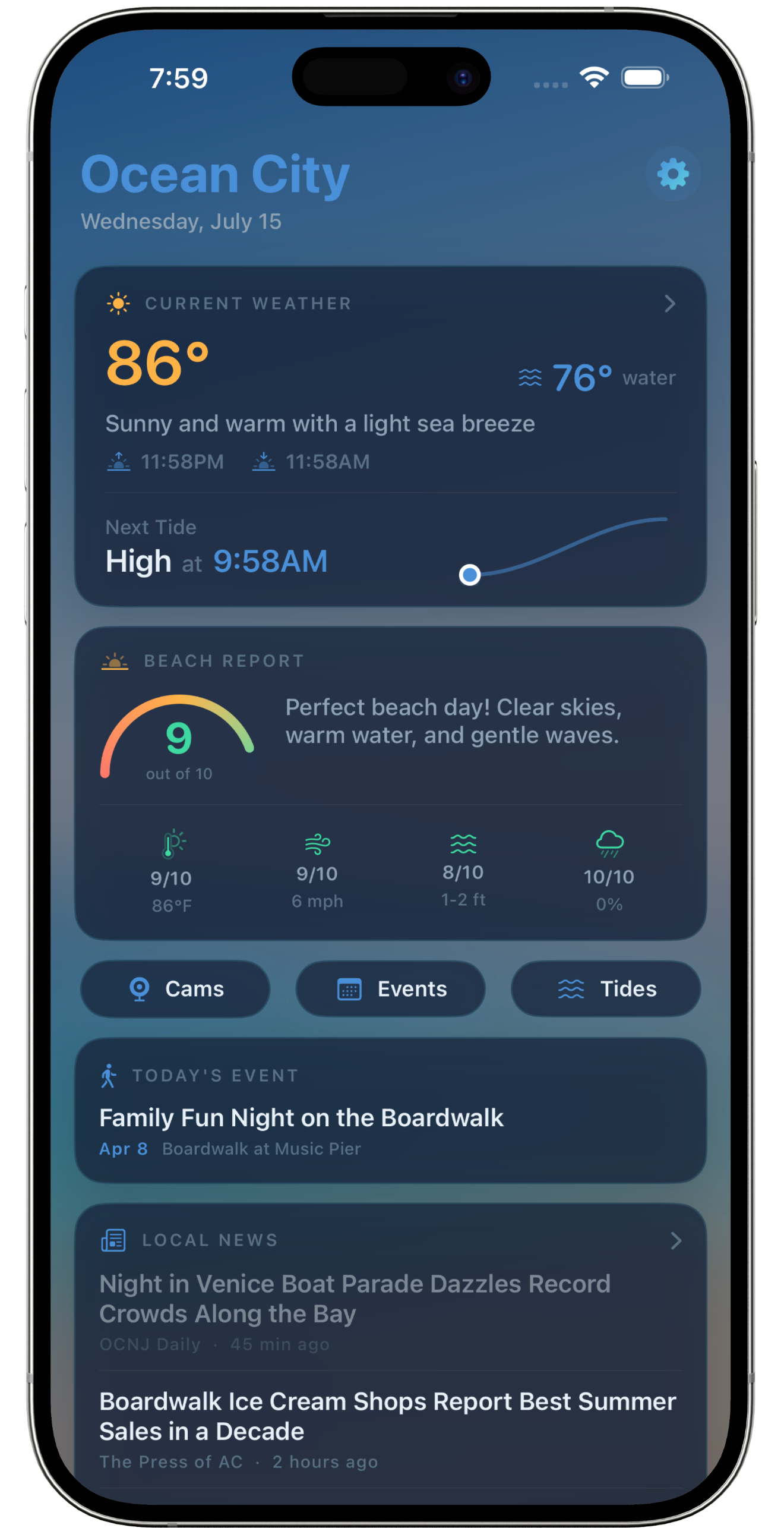Ocean City NJ app screenshot - dark mode
