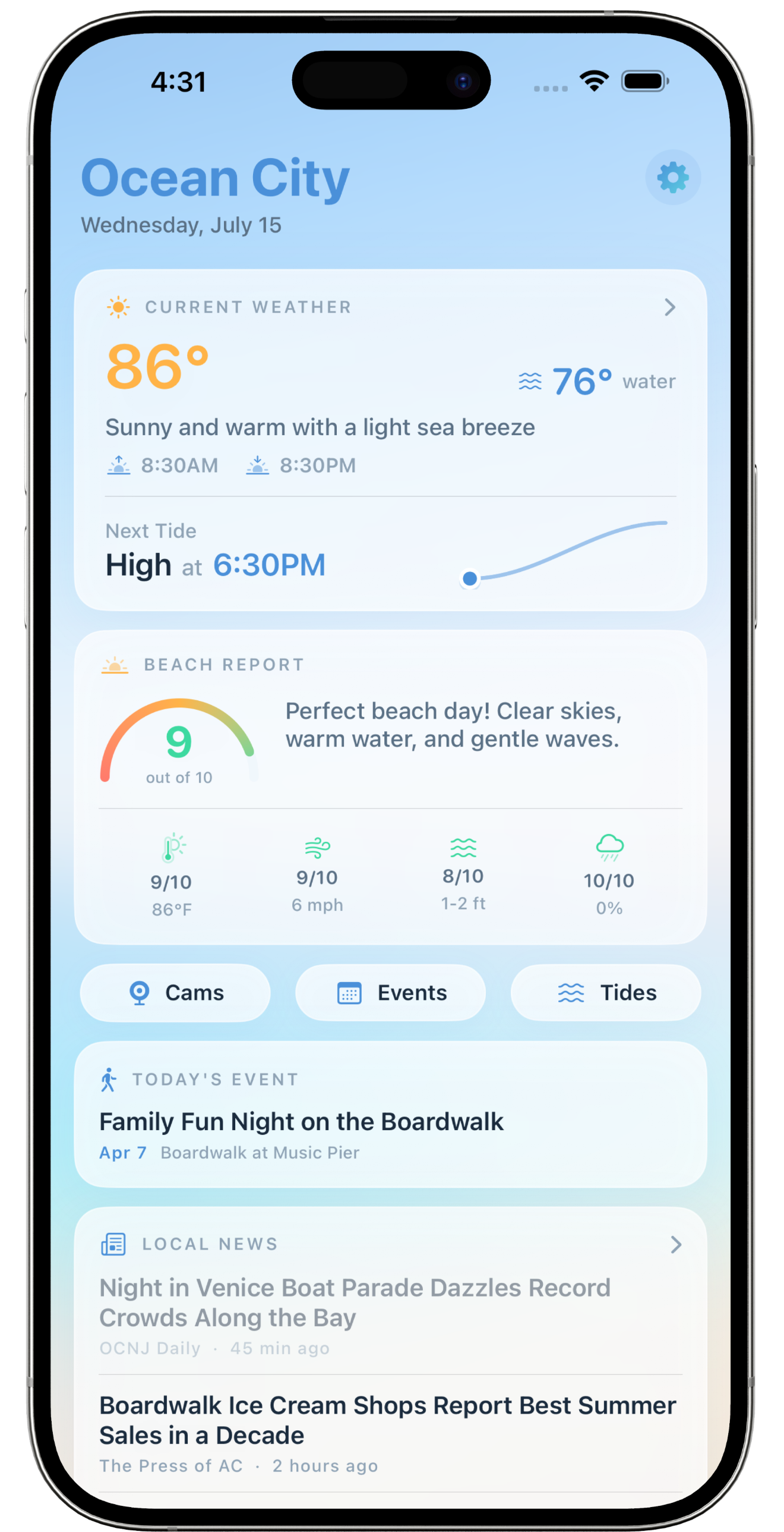 Ocean City NJ app screenshot - light mode